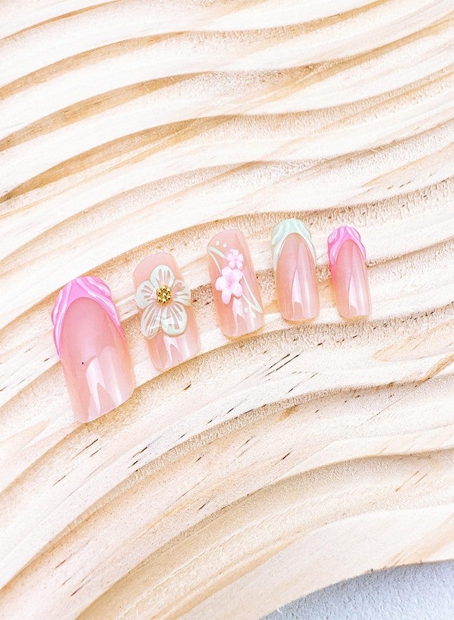 FDSQHSA 24pcs Pink French Tip Press on Nails Short Square Summer Fake Nails with 3D Flower Gold Beads Design Glue on Nails Cute Floral False Nails Kit Green French Acrylic Nail Tips Stick on Nails for Women - Image 3