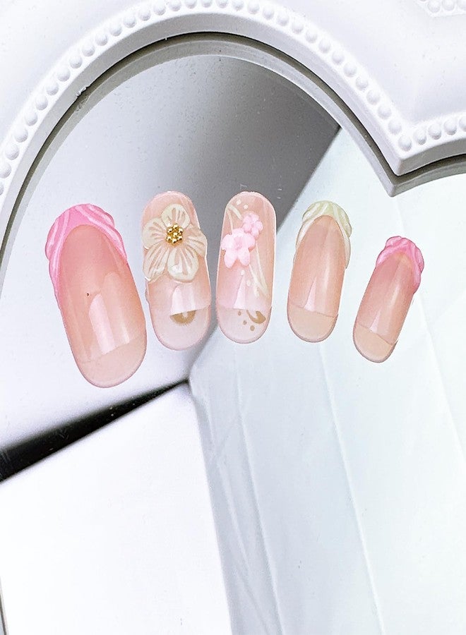 FDSQHSA 24pcs Pink French Tip Press on Nails Short Square Summer Fake Nails with 3D Flower Gold Beads Design Glue on Nails Cute Floral False Nails Kit Green French Acrylic Nail Tips Stick on Nails for Women - Image 5