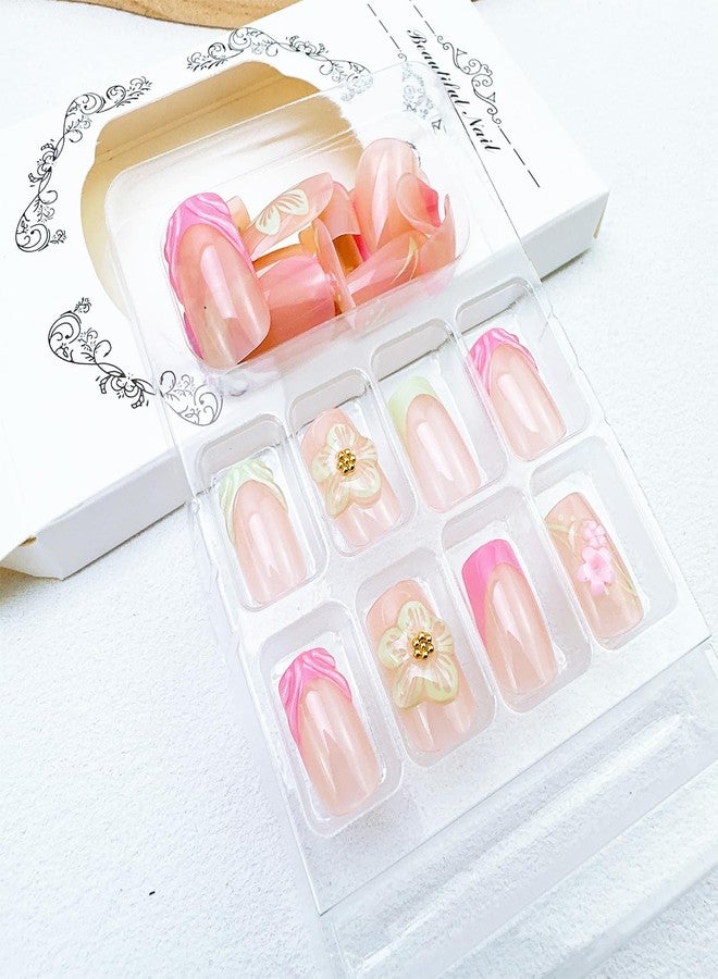FDSQHSA 24pcs Pink French Tip Press on Nails Short Square Summer Fake Nails with 3D Flower Gold Beads Design Glue on Nails Cute Floral False Nails Kit Green French Acrylic Nail Tips Stick on Nails for Women - Image 4