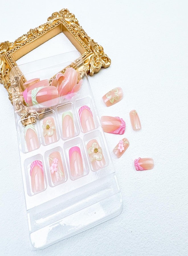 FDSQHSA 24pcs Pink French Tip Press on Nails Short Square Summer Fake Nails with 3D Flower Gold Beads Design Glue on Nails Cute Floral False Nails Kit Green French Acrylic Nail Tips Stick on Nails for Women - Image 2