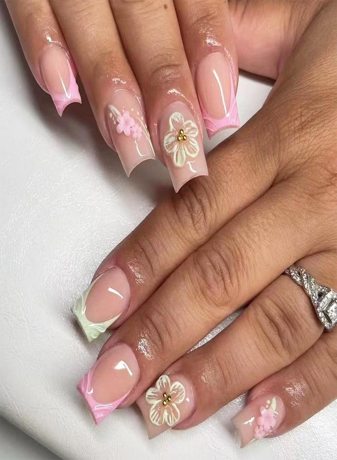 FDSQHSA 24pcs Pink French Tip Press on Nails Short Square Summer Fake Nails with 3D Flower Gold Beads Design Glue on Nails Cute Floral False Nails Kit Green French Acrylic Nail Tips Stick on Nails for Women - Image 1