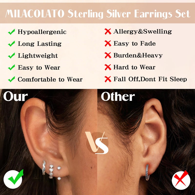 MILACOLATO 3Pairs 925 Sterling Silver Earrings for Women, Sterling Silver Filled Small Huggie Hoop Earrings Sets for Multiple Piercing Hypoallergenic, CZ Cartilage Earrings Stacks Trendy Earrings, H - Image 4