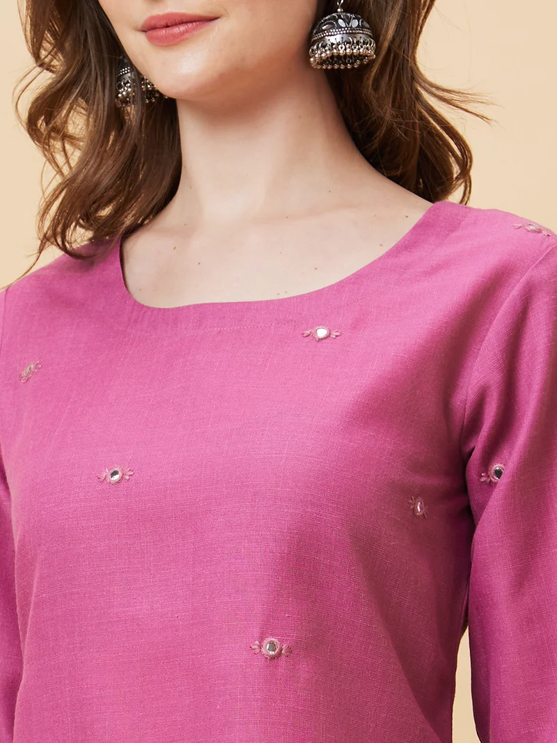 globus Women Mirror Work Embellished A-Line Kurta