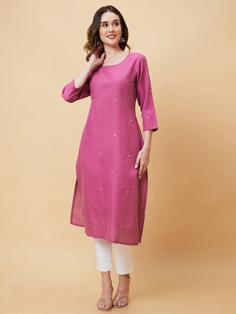 globus Women Mirror Work Embellished A-Line Kurta