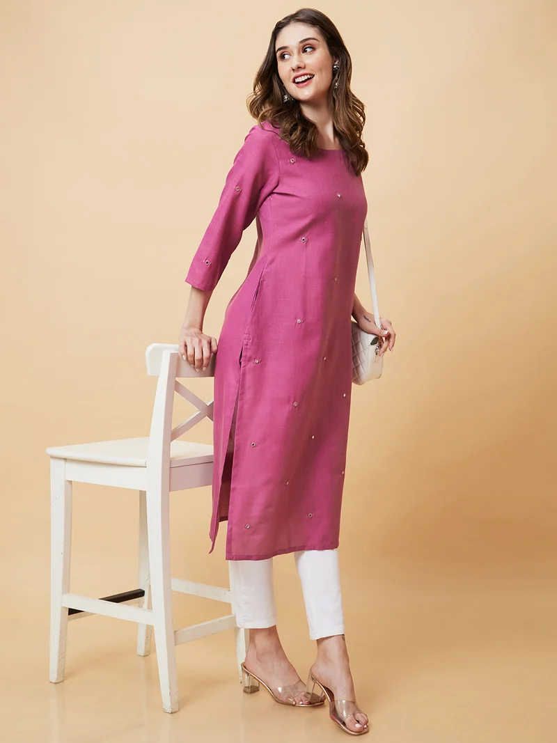 globus Women Mirror Work Embellished A-Line Kurta