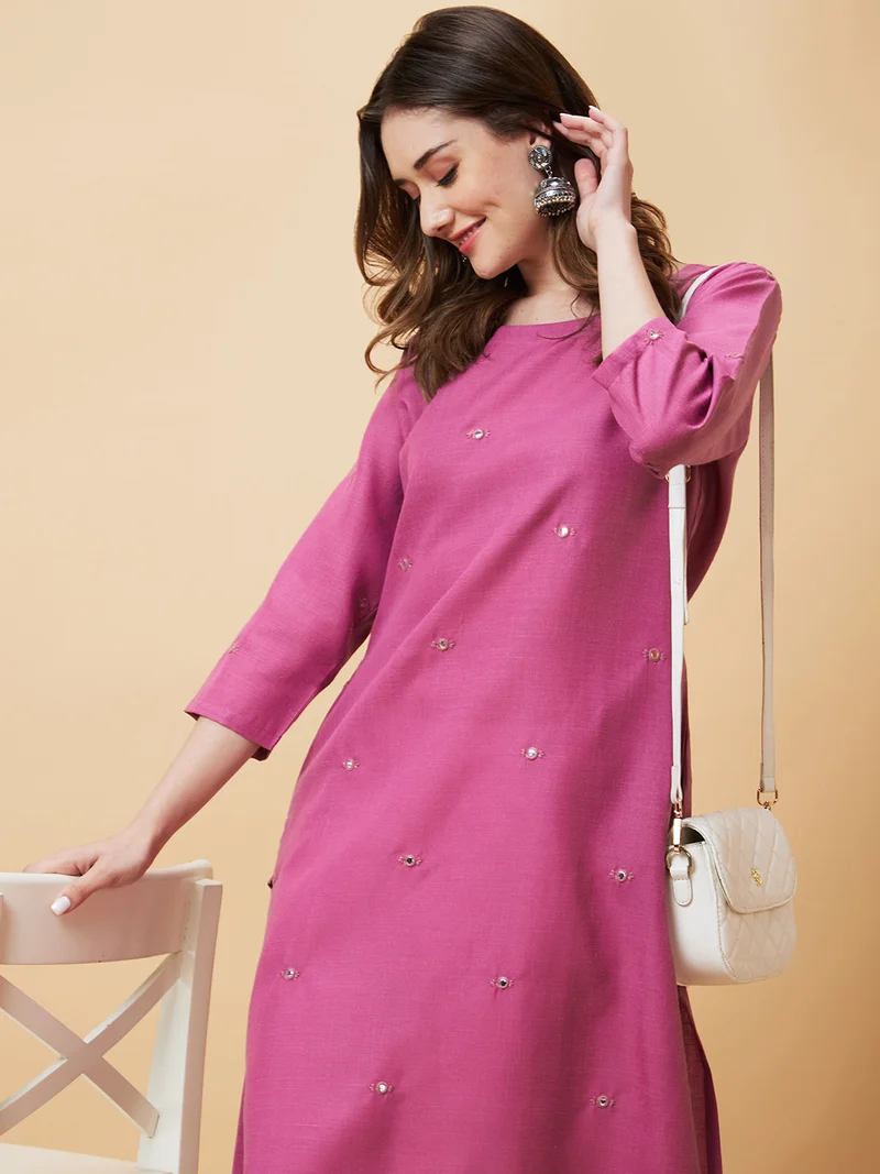 globus Women Mirror Work Embellished A-Line Kurta