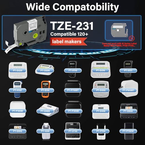 SUBLIMAKER TZE-231 Compatible for Brother Label Maker Tape 12mm 0.47 Laminated Black on White 1/2" x 8m Replacement for TZ TZE TZE231 Tape for P Touch PT-D220 D220 PT-D210 PT-H110 PT-D200 PT-D400 D410 (7 Packs) - Image 2