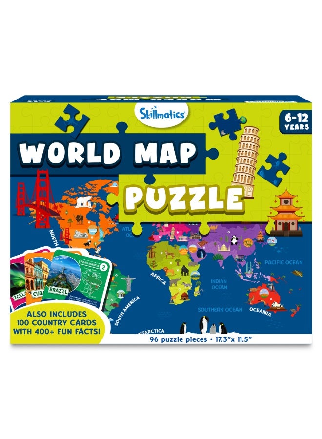 Skillmatics World Map Puzzle - 96 Piece Jigsaw Puzzle, Educational Toy, Geography for Kids, 400+ Facts, Gifts for Boys & Girls Ages 6 to 12 - Image 1