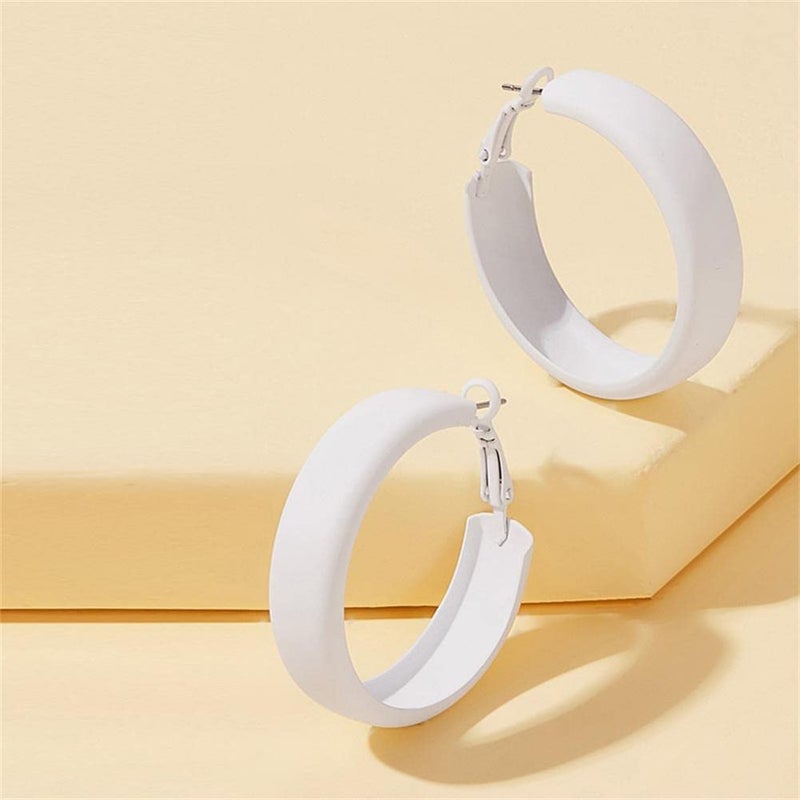 Kicomvi Matte Round Hoop Earrings Large Retro Neon Color Circle Earrings Multicolor Pierced Classic Lightweight Loops for Women Party Jewelry-white - Image 2