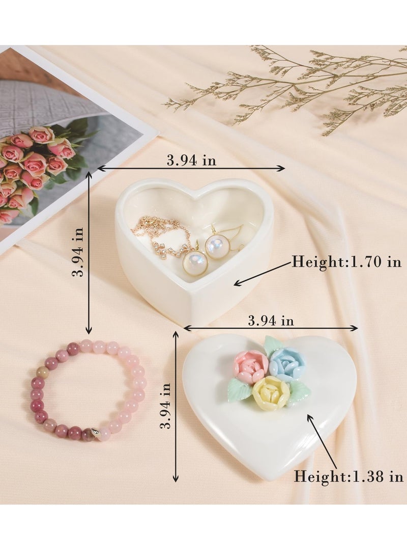 Excefore Jewelry Box for Women - Small Storage Box with Lid for Rings, Earrings, Necklaces, and Beads - Home Decoration - Mother's Day Gift (White Heart Box with Orange Pink Flower) - Image 2