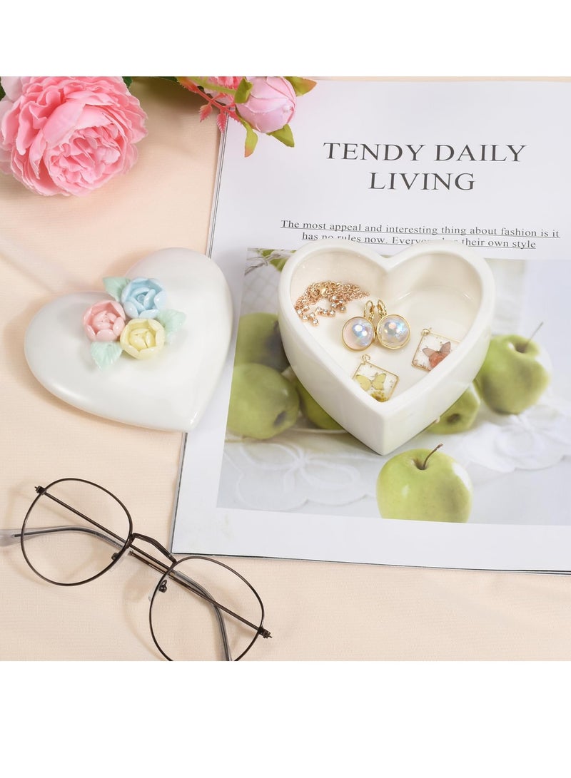 Excefore Jewelry Box for Women - Small Storage Box with Lid for Rings, Earrings, Necklaces, and Beads - Home Decoration - Mother's Day Gift (White Heart Box with Orange Pink Flower) - Image 3