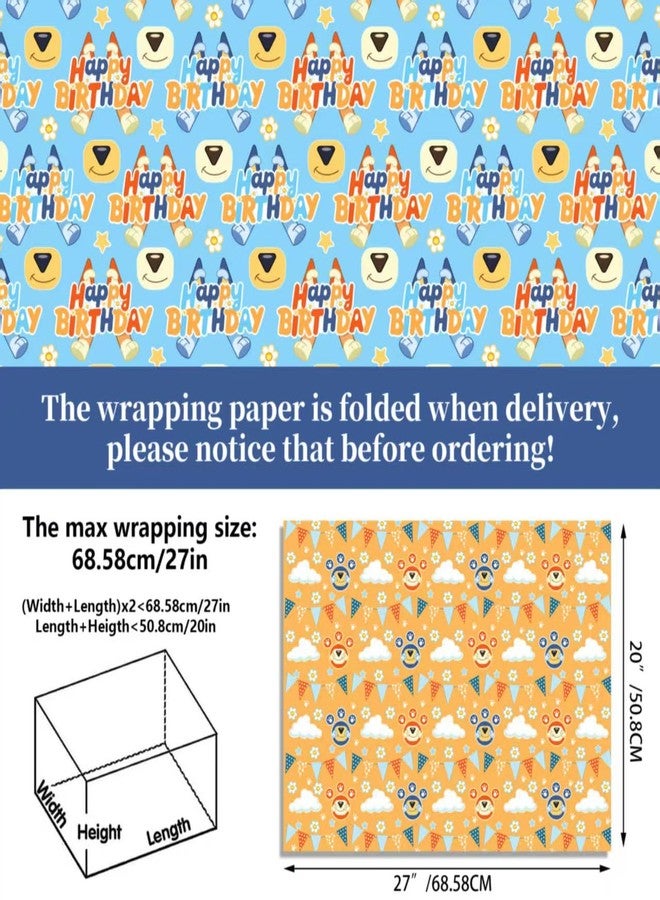 BOTSROOM Happy Birthday Wrapping Paper, 12 Sheets Blue Orange Dog Gift Wrap Paper for Kids Boys Girls Birthday Party Baby Showers Holiday Greeting | 19.7×27.6 inch - Image 2