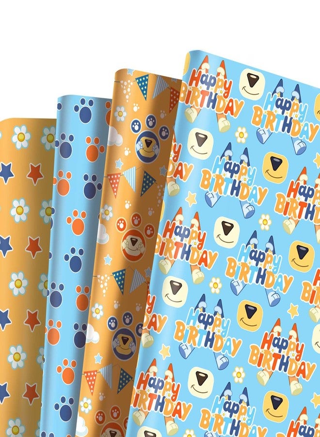BOTSROOM Happy Birthday Wrapping Paper, 12 Sheets Blue Orange Dog Gift Wrap Paper for Kids Boys Girls Birthday Party Baby Showers Holiday Greeting | 19.7×27.6 inch - Image 1
