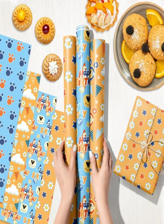 BOTSROOM Happy Birthday Wrapping Paper, 12 Sheets Blue Orange Dog Gift Wrap Paper for Kids Boys Girls Birthday Party Baby Showers Holiday Greeting | 19.7×27.6 inch - Image 5