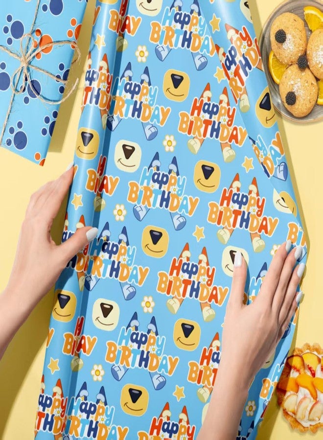 BOTSROOM Happy Birthday Wrapping Paper, 12 Sheets Blue Orange Dog Gift Wrap Paper for Kids Boys Girls Birthday Party Baby Showers Holiday Greeting | 19.7×27.6 inch - Image 3