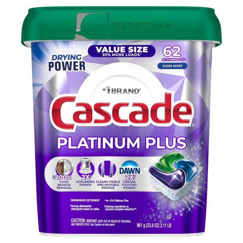 Cascade Platinum Plus Dishwasher Pods Dish Detergent Soap Clean Scent 62 Count - Image 3