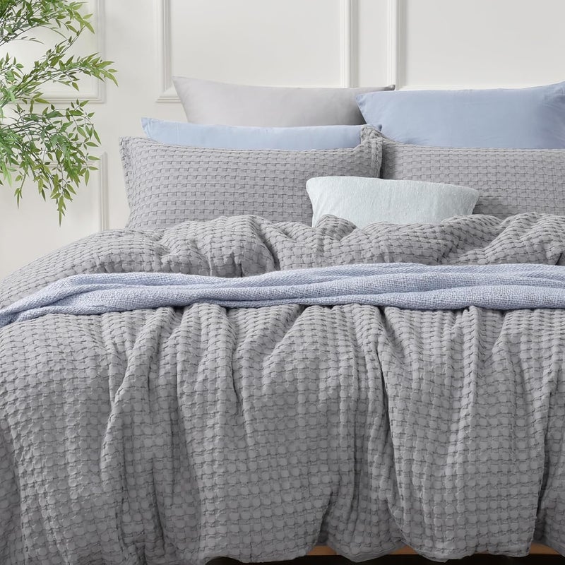 David's Home 3 Piece 100% Cotton Waffle Weave Duvet Cover Set Queen Size with Pillow Shams, Includes 1 x 230 cm x 230 cm Duvet Cover + 2 x 50cm x 65 cm Pillow Shams, Grey - Image 1