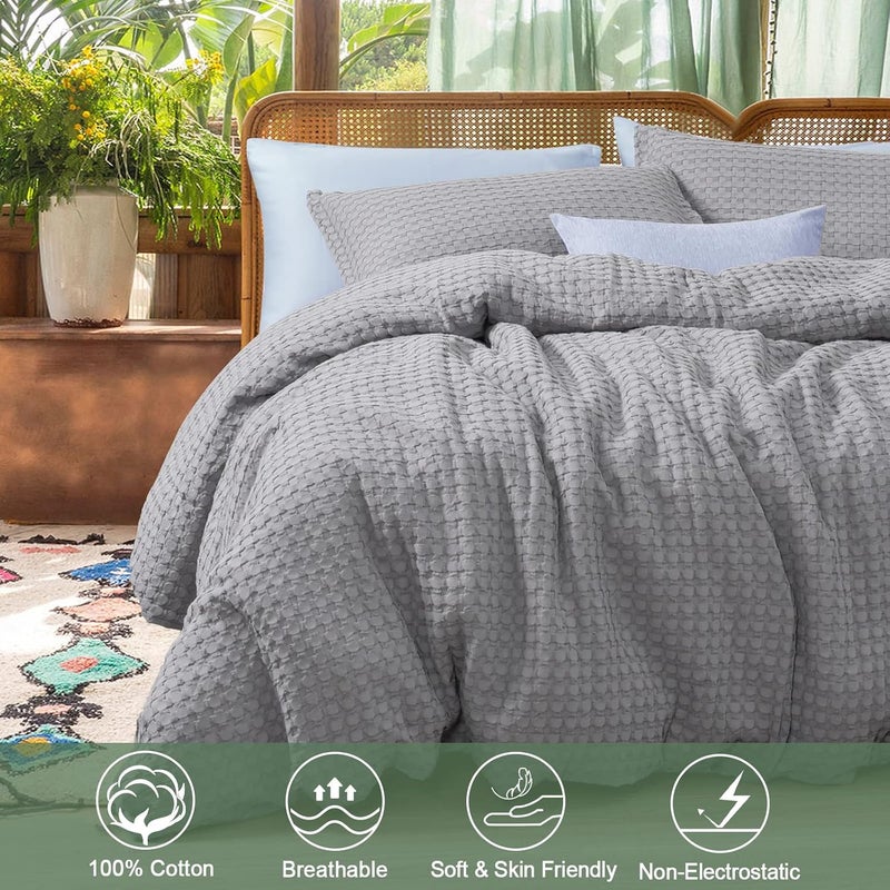 David's Home 3 Piece 100% Cotton Waffle Weave Duvet Cover Set Queen Size with Pillow Shams, Includes 1 x 230 cm x 230 cm Duvet Cover + 2 x 50cm x 65 cm Pillow Shams, Grey - Image 2