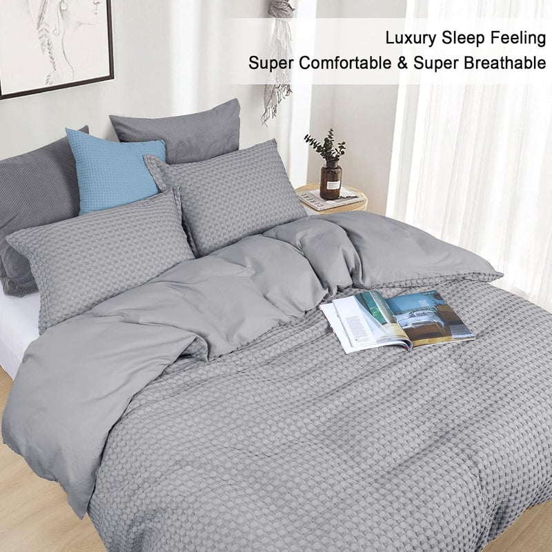 David's Home 3 Piece 100% Cotton Waffle Weave Duvet Cover Set Queen Size with Pillow Shams, Includes 1 x 230 cm x 230 cm Duvet Cover + 2 x 50cm x 65 cm Pillow Shams, Grey - Image 4