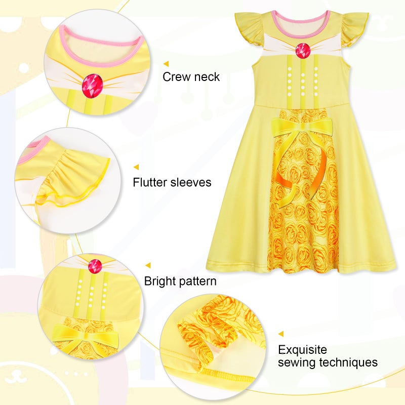 Jurebecia Girls Princess Nightgowns Flutter Sleeves Nightdress Nightie Night Gown Sleepwear Pajamas for Kids 5t Yellow - Image 4