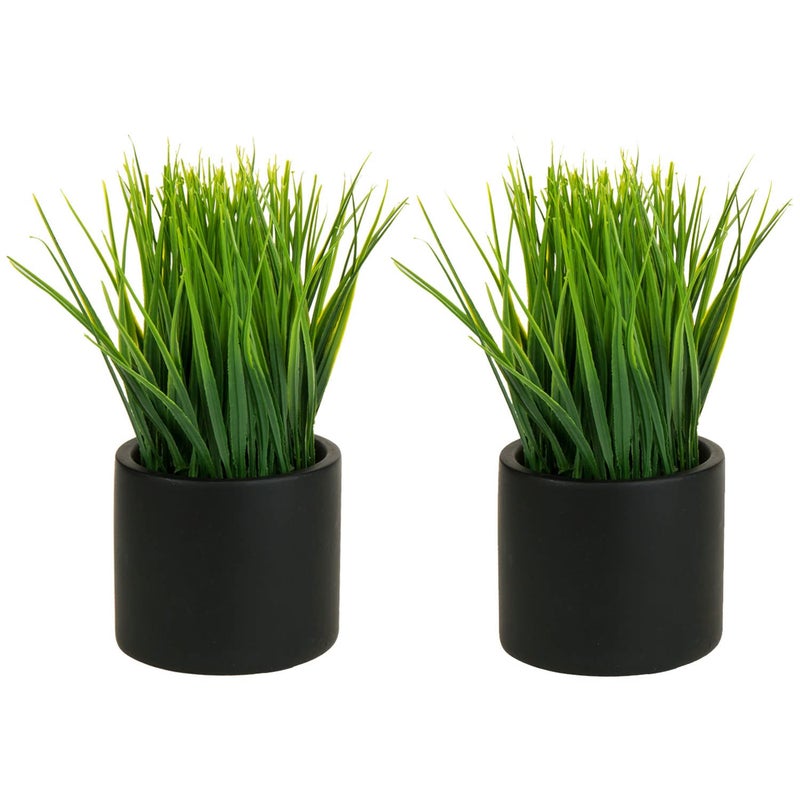 MyGift Tabletop Artificial Grass Plants Decorative Faux Greenery Plant Potted in Modern Cylindrical Black Cement Pots  Set of 2 - Image 1