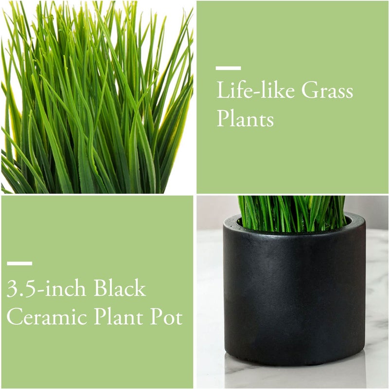 MyGift Tabletop Artificial Grass Plants Decorative Faux Greenery Plant Potted in Modern Cylindrical Black Cement Pots  Set of 2 - Image 2