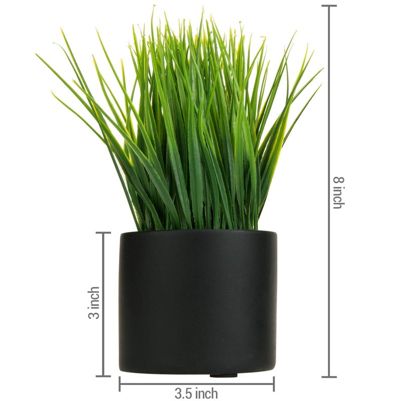 MyGift Tabletop Artificial Grass Plants Decorative Faux Greenery Plant Potted in Modern Cylindrical Black Cement Pots  Set of 2 - Image 5
