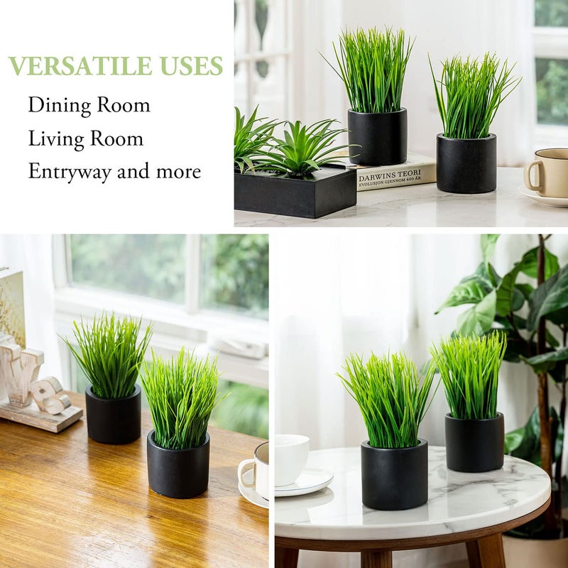 MyGift Tabletop Artificial Grass Plants Decorative Faux Greenery Plant Potted in Modern Cylindrical Black Cement Pots  Set of 2 - Image 4