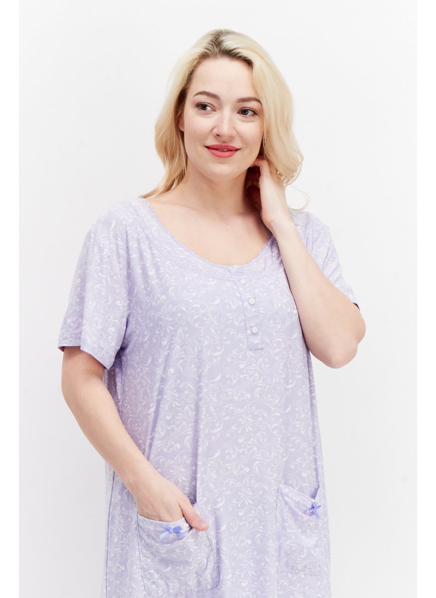 Miss Lillian Women Paisley Pattern Short Sleeve Sleepwear Dress, Purple  - Image 2