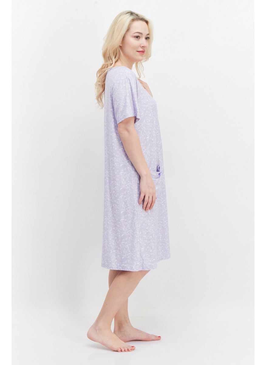 Miss Lillian Women Paisley Pattern Short Sleeve Sleepwear Dress, Purple  - Image 3