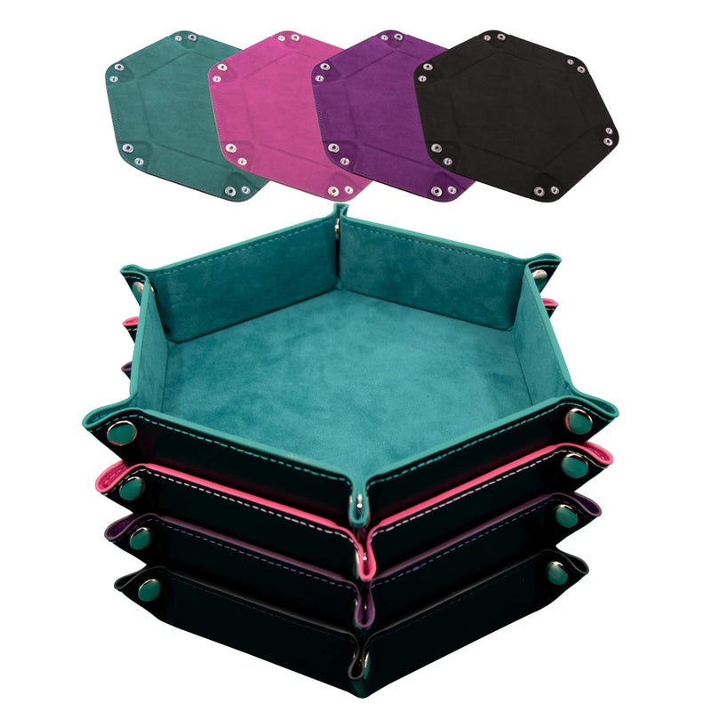 SIQUK 4 Pieces Dice Tray Hexagon Dice Rolling Holder Folding PU Leather Dice Trays for Dice Games Like RPG DND and Other Table Games Cyan Pink Violet and Black - Image 2