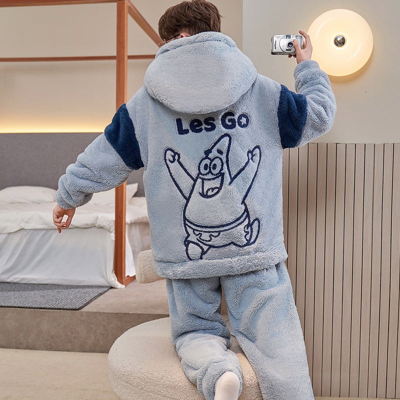 Winter Coral Fleece Pajamas Men'S Fleece-Lined Thickened Warm Cartoon Hooded Flannel Teenager Home Clothes Suit - Image 1