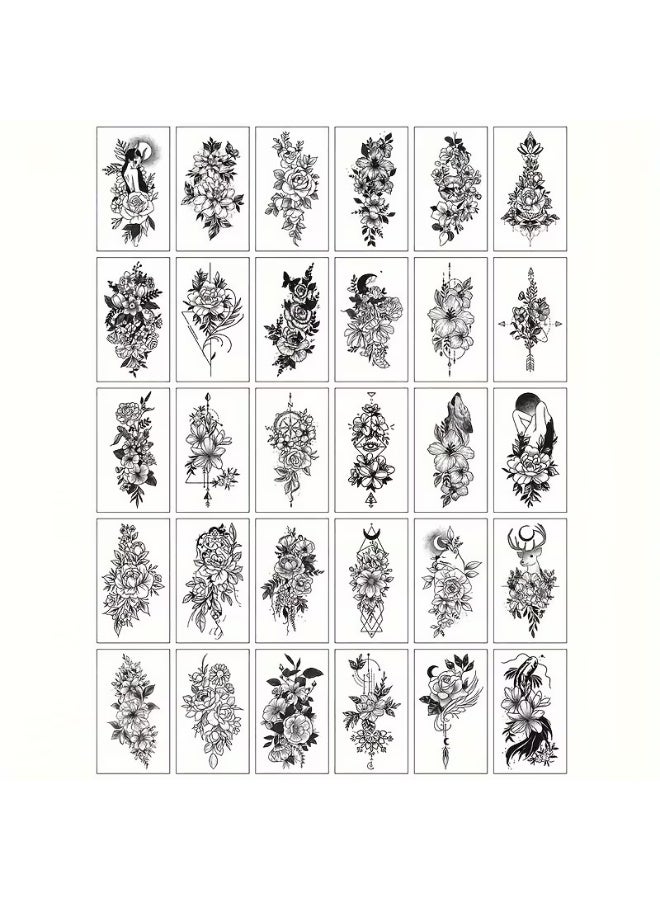 aeen 30PCS Waterproof Black Floral Temporary Tattoos for Women & Girls – Long-Lasting 3–7 Day Body Art Stickers for Arms, Shoulders & Body - Image 5
