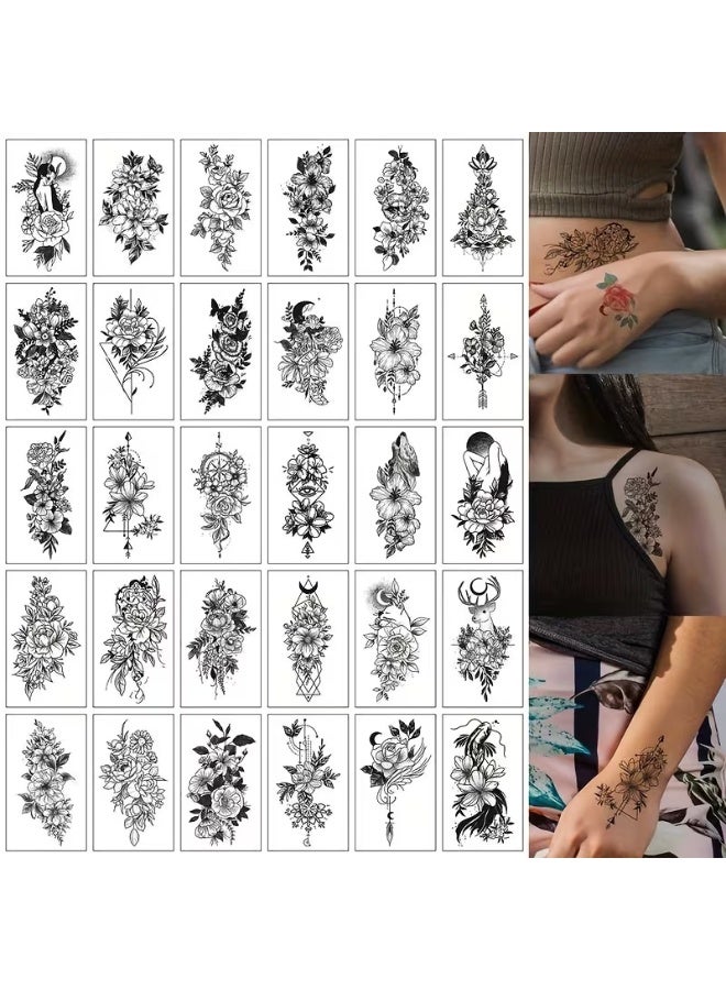 aeen 30PCS Waterproof Black Floral Temporary Tattoos for Women & Girls – Long-Lasting 3–7 Day Body Art Stickers for Arms, Shoulders & Body - Image 1