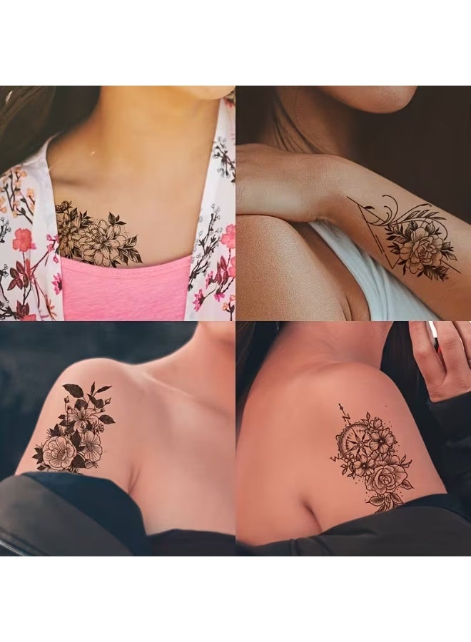 aeen 30PCS Waterproof Black Floral Temporary Tattoos for Women & Girls – Long-Lasting 3–7 Day Body Art Stickers for Arms, Shoulders & Body - Image 3