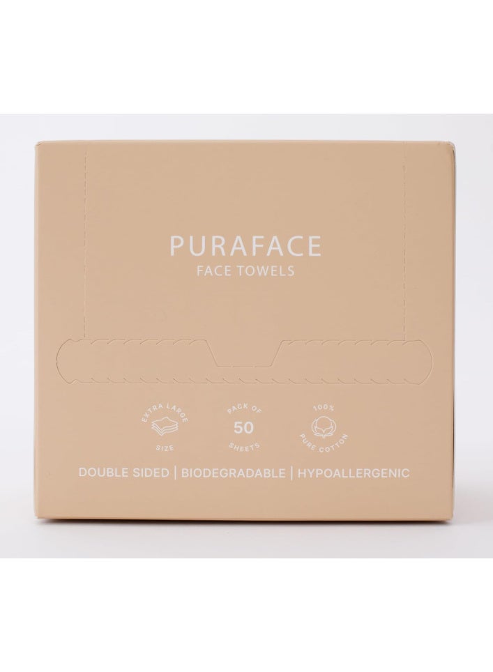 بيورافايس مناديل وجه قطنية قابلة للاستخدام لمرة واحدة من Puraface – مزدوجة الجوانب – 50 قطعة