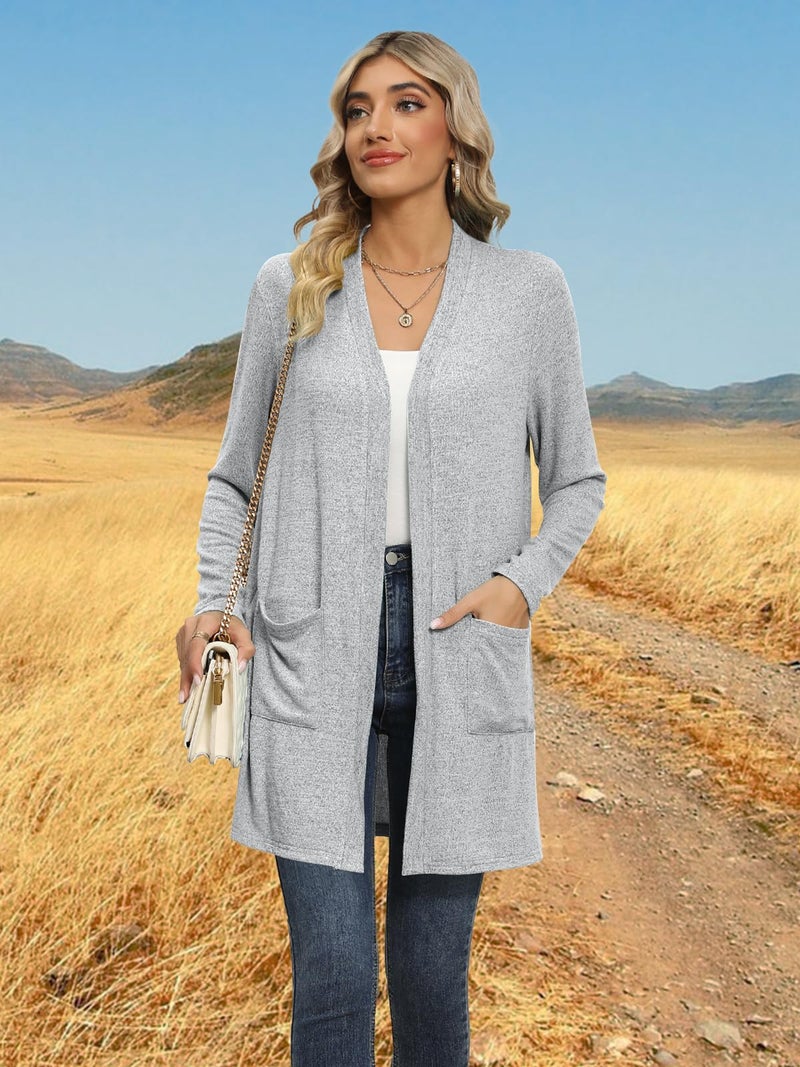 DB MOON Womens Long Cardigan Light Weight Sweater Long Sleeve Lightweight Open Front Fall Outfits with Pockets XL, Gray - Image 4