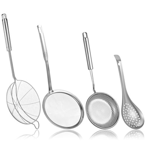 Zyghjort 4 Pieces Spider Strainer Skimmer Spoon Set, Fine Mesh Strainer and Fat Skimmer Spoon Set, Stainless Steel Metal With HoleSieve Food Strainers with Hanging Holes, for Cooking, Fat, Grease, Floating Foa - Image 1