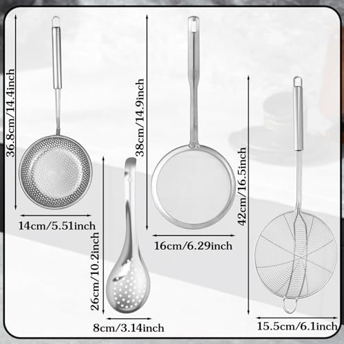 Zyghjort 4 Pieces Spider Strainer Skimmer Spoon Set, Fine Mesh Strainer and Fat Skimmer Spoon Set, Stainless Steel Metal With HoleSieve Food Strainers with Hanging Holes, for Cooking, Fat, Grease, Floating Foa - Image 2