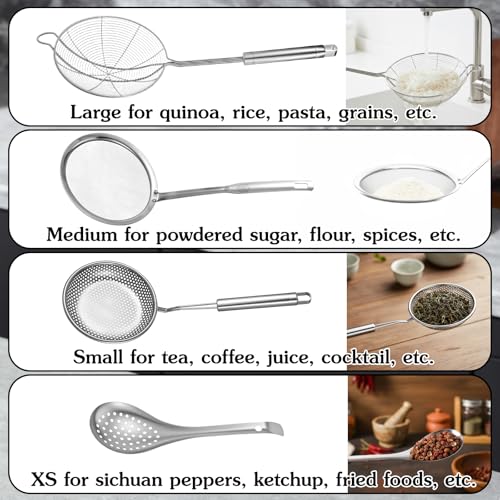 Zyghjort 4 Pieces Spider Strainer Skimmer Spoon Set, Fine Mesh Strainer and Fat Skimmer Spoon Set, Stainless Steel Metal With HoleSieve Food Strainers with Hanging Holes, for Cooking, Fat, Grease, Floating Foa - Image 3