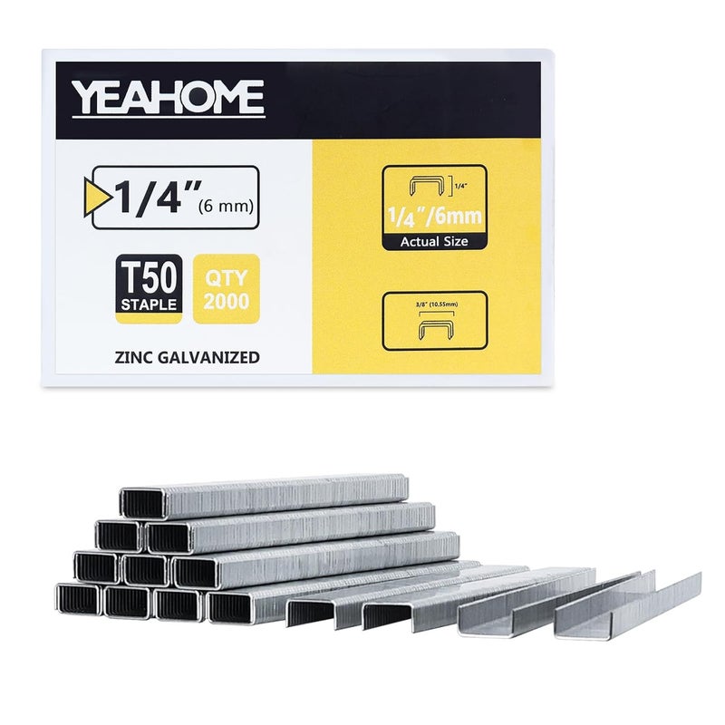 YEAHOME Heavy Duty Staples, 2000 Counts 1/4 inch T50 Staples, 20 Gauge Galvanized 3/8 Inch Crown Upholstery Staple for Pneumatic, Electric T50 Staple Gun - Image 1