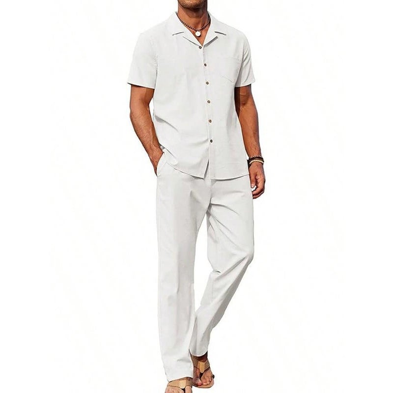 Summer New Retro Short-Sleeved Shirt Casual Trousers Two-Piece Set Men's Fashionable Breathable and Comfortable Suit