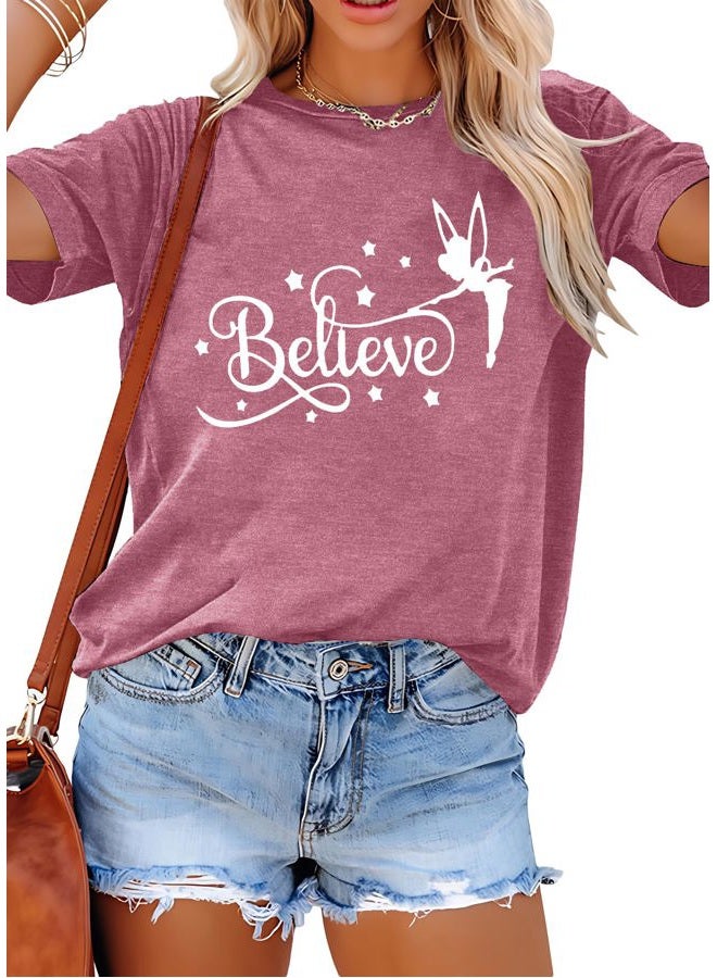 VILOVE Believe in Magic Shirt Women Cute Fairy Graphic Tshirt Girl Trip Tee Funny Vacation Shirt Causal Short Sleeve Top, Pink, M - Image 1