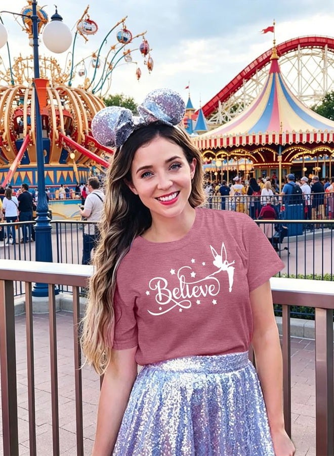 VILOVE Believe in Magic Shirt Women Cute Fairy Graphic Tshirt Girl Trip Tee Funny Vacation Shirt Causal Short Sleeve Top, Pink, M - Image 3