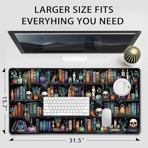 Mcapirivo Gothic Library Large Gaming Mouse Pad 31.5"x15.7"｜Vintage Bookshelf XXL Desk Mat, Non-Slip Rubber Base & Stitched Edges - Extended Waterproof Mousepad for PC/Laptop/Office/Home Decor - Image 4
