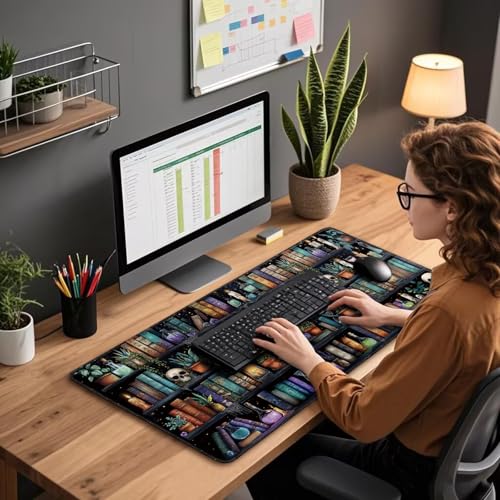 Mcapirivo Gothic Library Large Gaming Mouse Pad 31.5"x15.7"｜Vintage Bookshelf XXL Desk Mat, Non-Slip Rubber Base & Stitched Edges - Extended Waterproof Mousepad for PC/Laptop/Office/Home Decor - Image 3