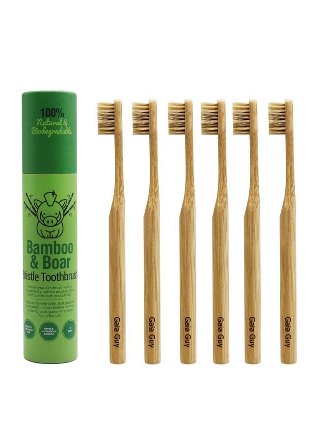Gaia Guy Gaia Guy Natural Bristle Bamboo Toothbrush (NO Nylon - Boar Hair ONLY) - Totally Compostable & Biodegradable Boar Bristle and Bamboo Toothbrushes - Zero Waste - 6-Pack  - Image 1