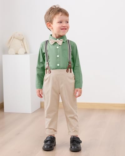 YALLET Boy Clothes Suit, Formal Dress Shirt With Bowtie+Suspender Pants Big Kid Gentleman Wedding Outfits(Light Green, 7-8 Years) - Image 3