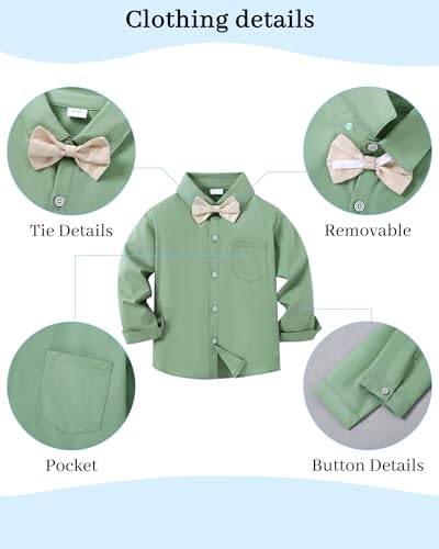 YALLET Boy Clothes Suit, Formal Dress Shirt With Bowtie+Suspender Pants Big Kid Gentleman Wedding Outfits(Light Green, 7-8 Years) - Image 4