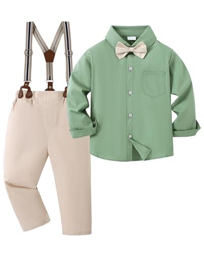 YALLET Boy Clothes Suit, Formal Dress Shirt With Bowtie+Suspender Pants Big Kid Gentleman Wedding Outfits(Light Green, 7-8 Years) - Image 1